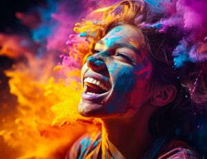 Portrait of a girl at the Holi festival, a rainbow of colors and a holiday of happiness, multi-colored curls of small particles of powder, an atmosphere of fun and festive delight, advertising photo
